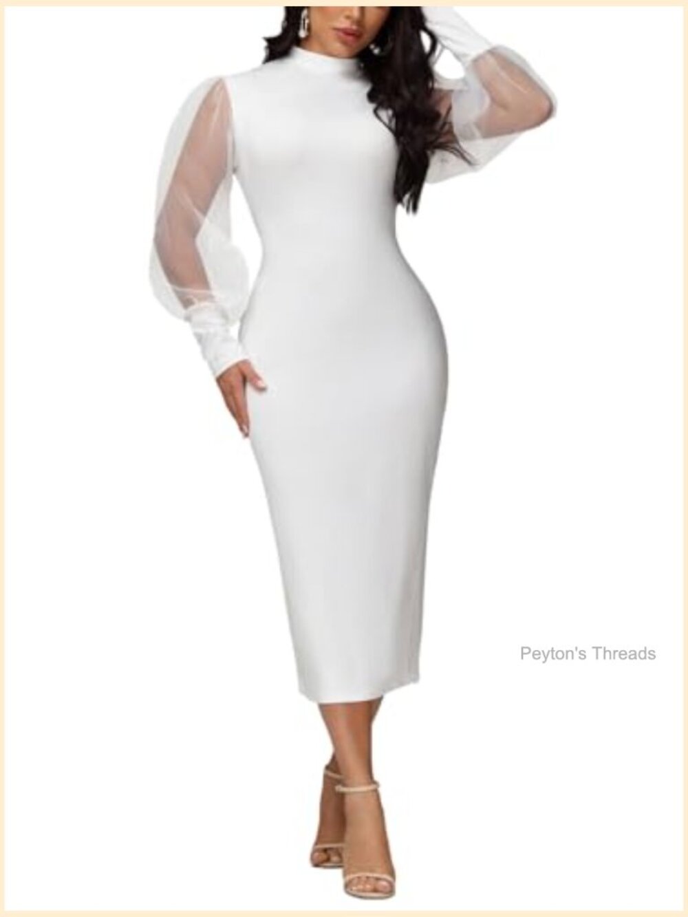 Sheer Mesh Bodycon Midi Dress with Puff Lantern Sleeves and Zipper - Picture 3 of 7